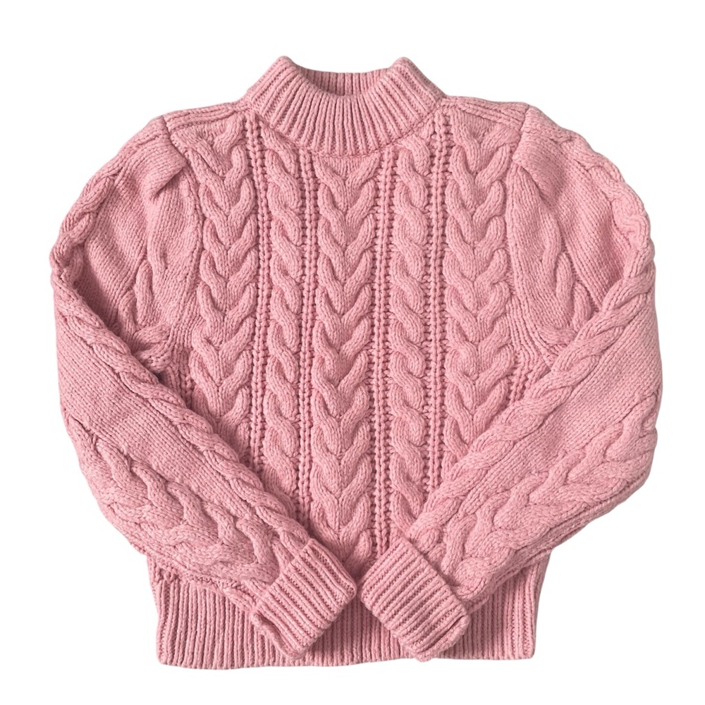 H&M Pink Women Cable Knit Sweater Cropped Mock Neck Classic Cozy Chunky Knit